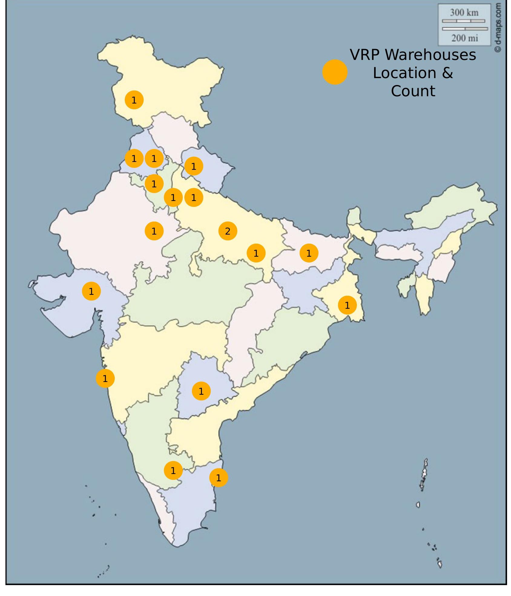 VRP warehouse locations across India